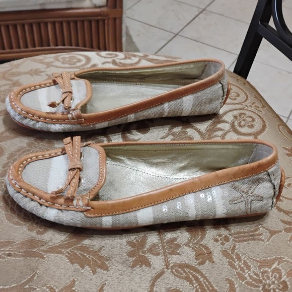 Coach Ireen Starfish Khaki Leather Canvas Sequin Designer Flats Size 6.5 B - Picture 8 of 10